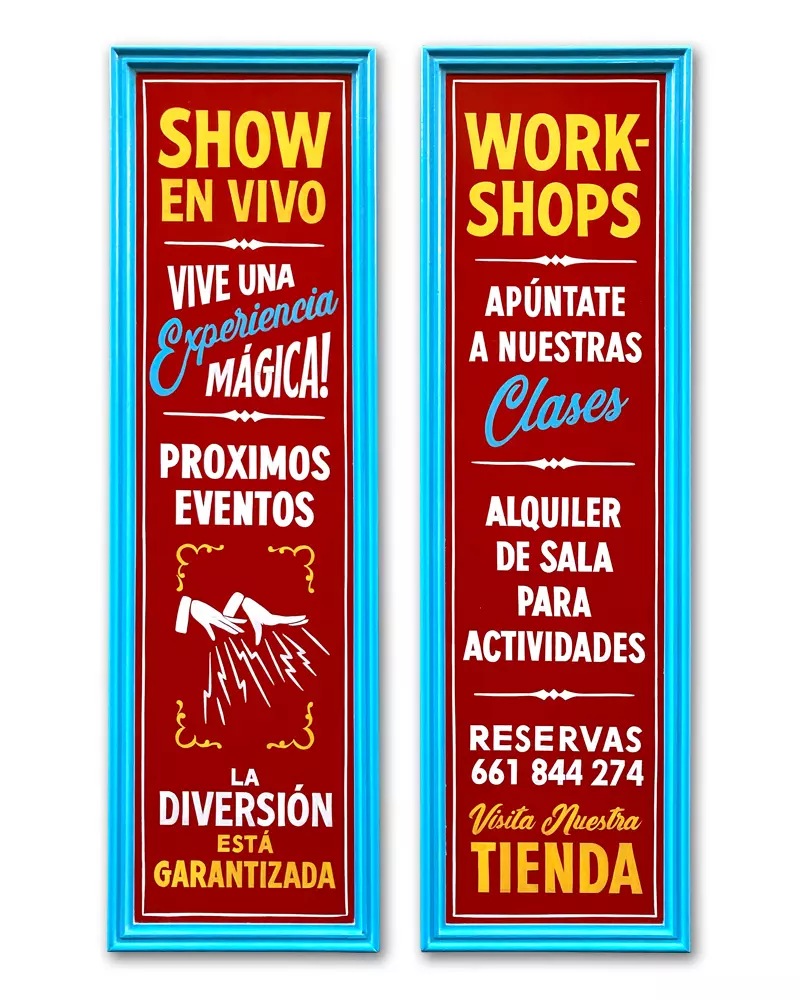 Letreros pintados a mano estilo circo para anunciar clases y shows