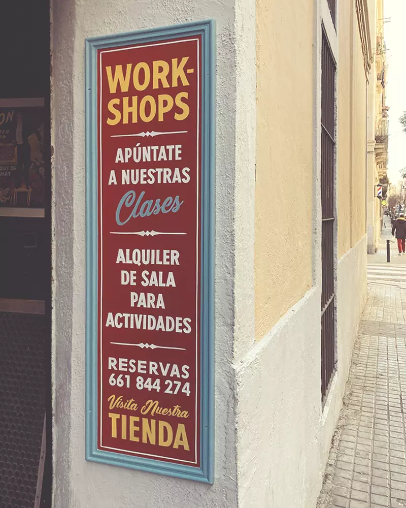 Letrero Work Shops estilo circus pintado a mano