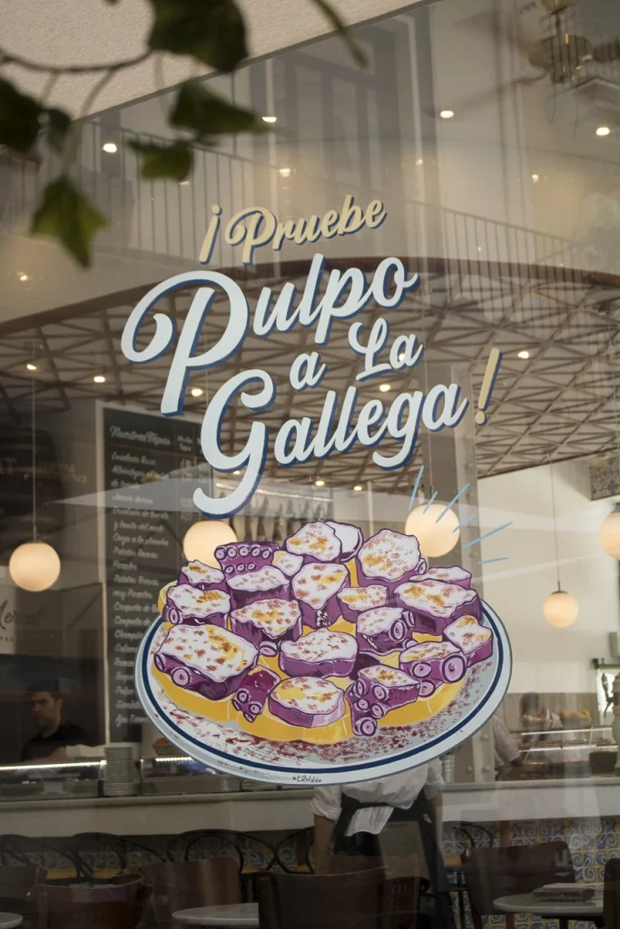 Pulpo a la gallega ilustracion sobre cristal de bar restaurante